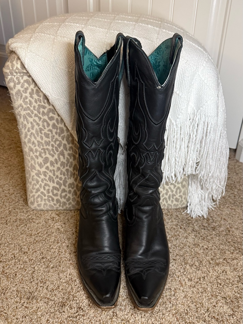 Corral Black Leather Western Knee-High Boots with Teal Lining